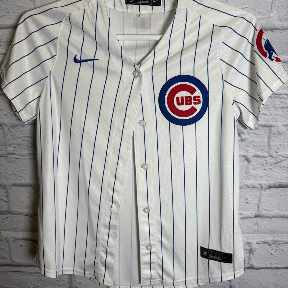 Nike White and Blue Cubs Pinstripe Jersey